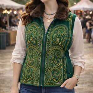 Bob Mackie Wearable Art Embroidered Vest Faux Fur Boho Western M